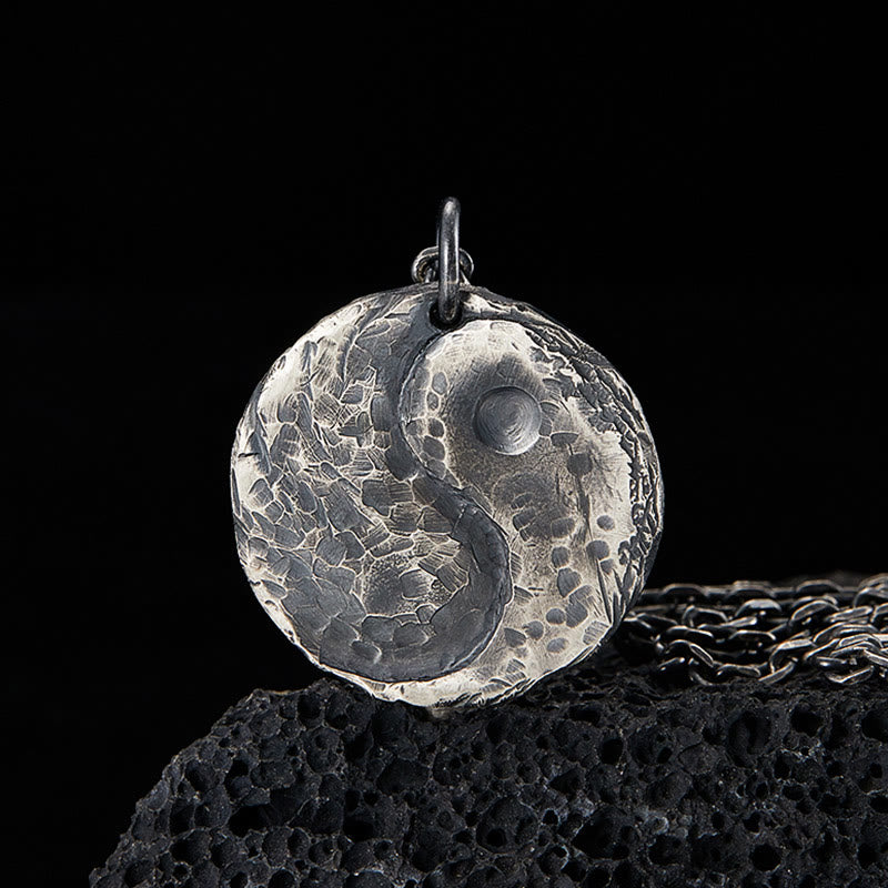 Buddha Stones 990 Sterling Silver Yin Yang Hammer Texture Harmony Necklace Pendant - 990 Sterling Silver - image 0