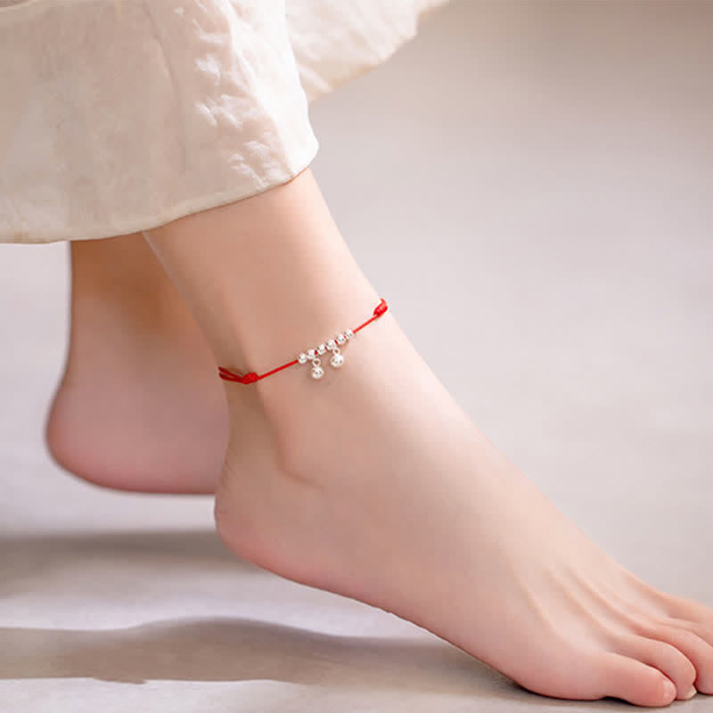 Buddha Stones 925 Sterling Silver Red String Braid Bell Charm Anklet - image 3