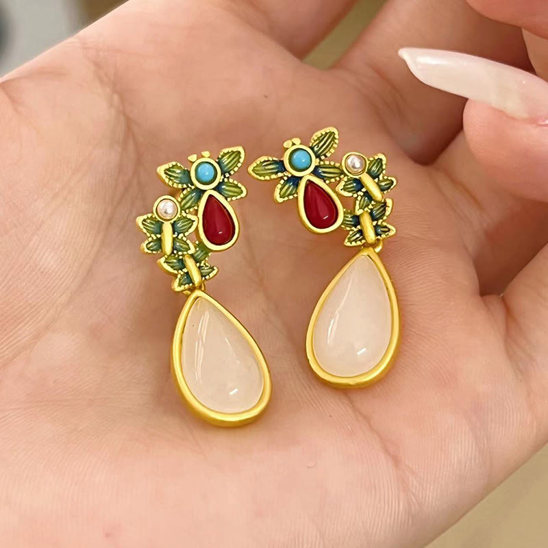 Buddha Stones Water Drop White Jade Red Agate Butterfly Protection Drop Dangle Earrings - image 10