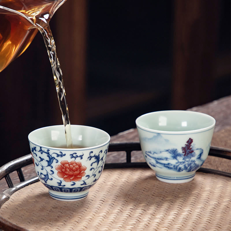 Buddha Stones Blue Landscape Mountains Lotus Cute Cat Pavilions Magnolia Reed Egrets Ceramic Teacup Small Kung Fu Tea Cup - image 9