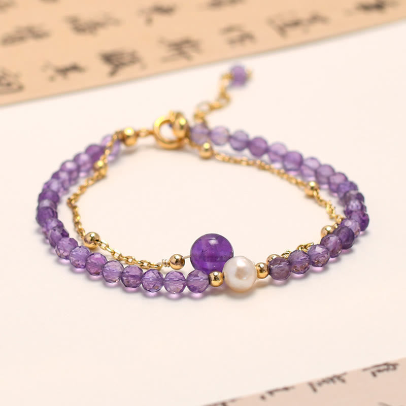Buddha Stones 14K Gold Plated Amethyst Crystal Healing Double Layer Chain Bracelet - image 2