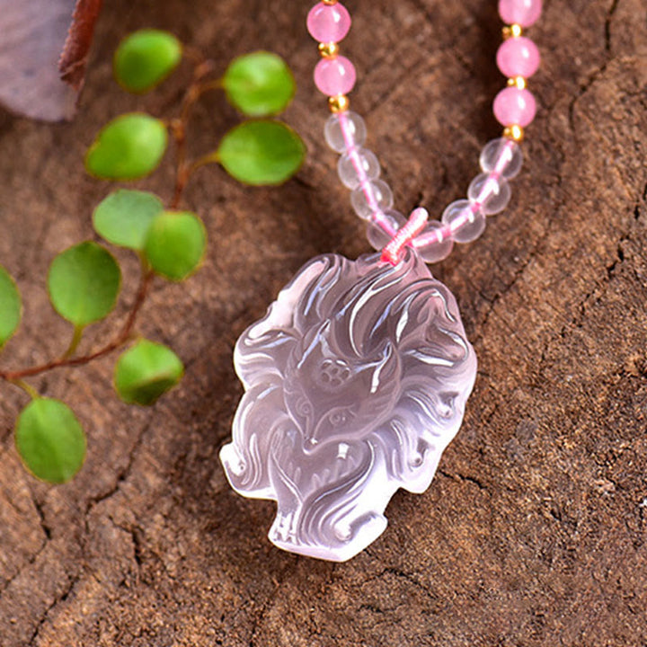 Buddha Stones Natural Pink Crystal Nine Tailed Fox Love Necklace Pendant - image 3