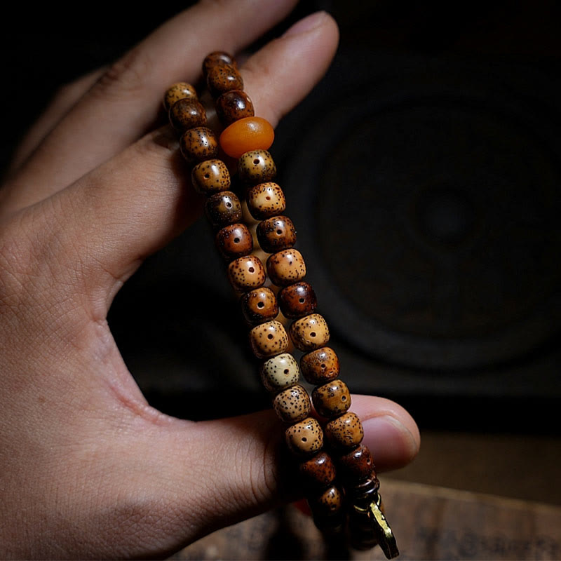 Buddha Stones Tibetan Bodhi Seed Amber Dzi Bead Agate Zakiram Goddess of Wealth Beads Triple Wrap Bracelet - image 5