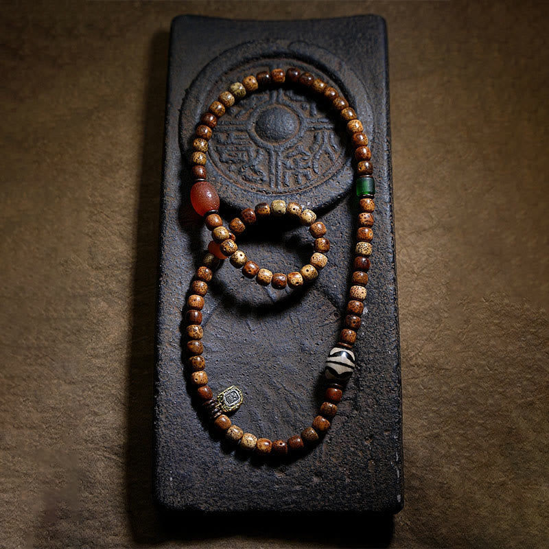 Buddha Stones Tibetan Bodhi Seed Amber Dzi Bead Agate Zakiram Goddess of Wealth Beads Triple Wrap Bracelet - image 4