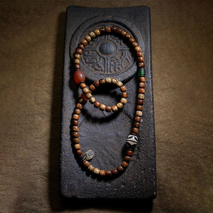 Buddha Stones Tibetan Bodhi Seed Amber Dzi Bead Agate Zakiram Goddess of Wealth Beads Triple Wrap Bracelet - image 4