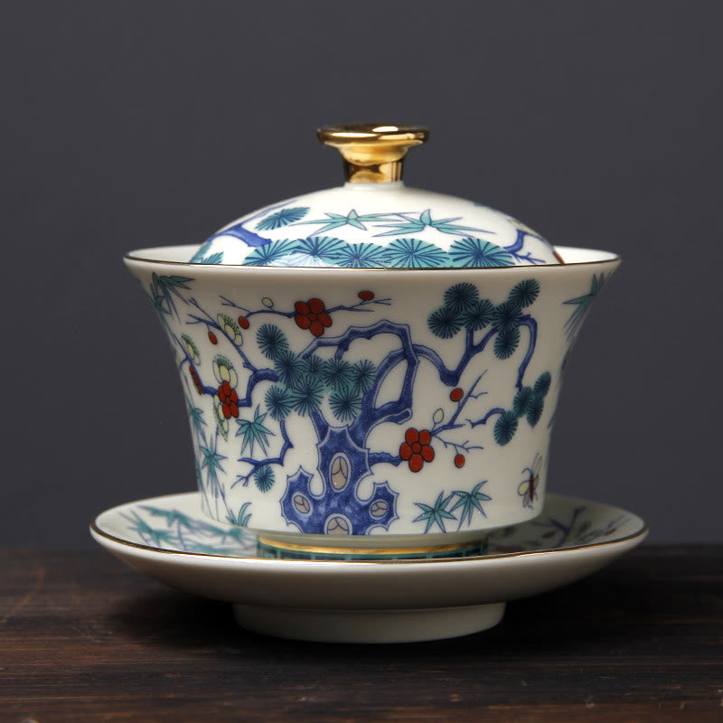 Buddha Stones Retro Plum Blossom Pine Bamboo Phoenix Kirin Ceramic Gaiwan Sancai Teacup Kung Fu Tea Cup and Saucer with Lid - Plum Blossom Pine Bamboo(10cm*9.7cm*190ml) - image 1