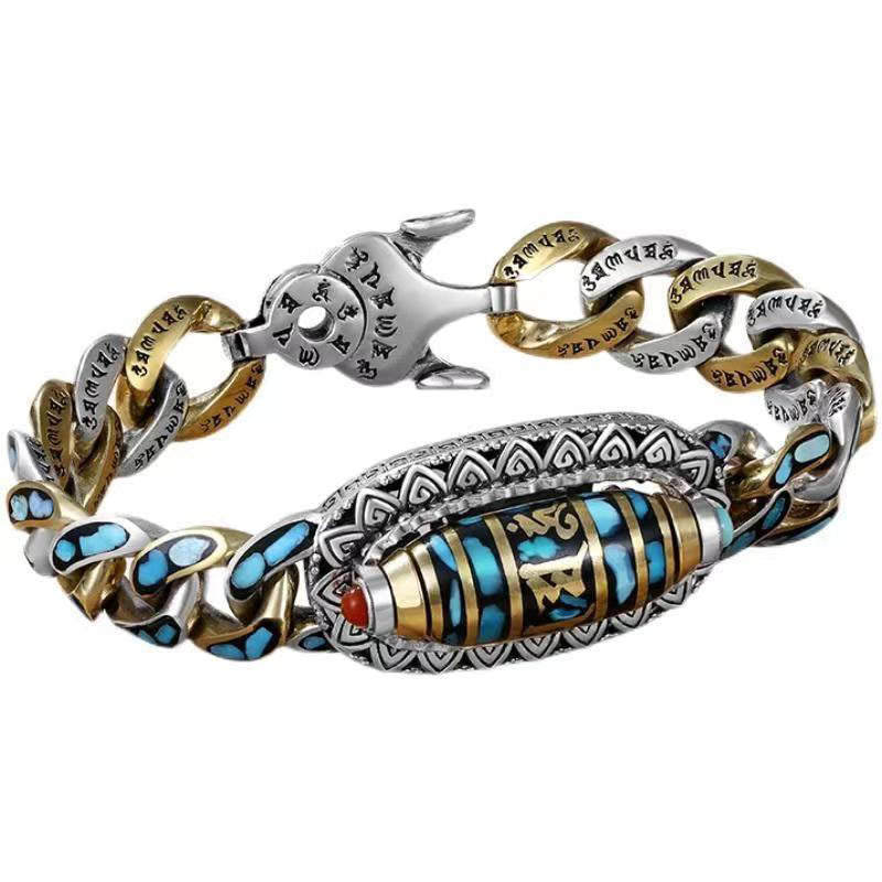 Buddha Stones Tibetan Nine-Eye Dzi Bead Om Mani Padme Hum Turquoise Protection Rotatable Bracelet - image 3