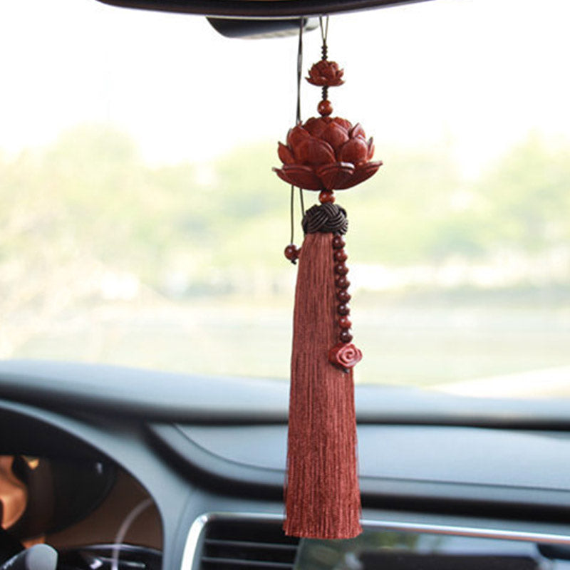Buddha Stones Tibetan Small Leaf Red Sandalwood Lotus Luck Protection Tassel Decoration - image 2