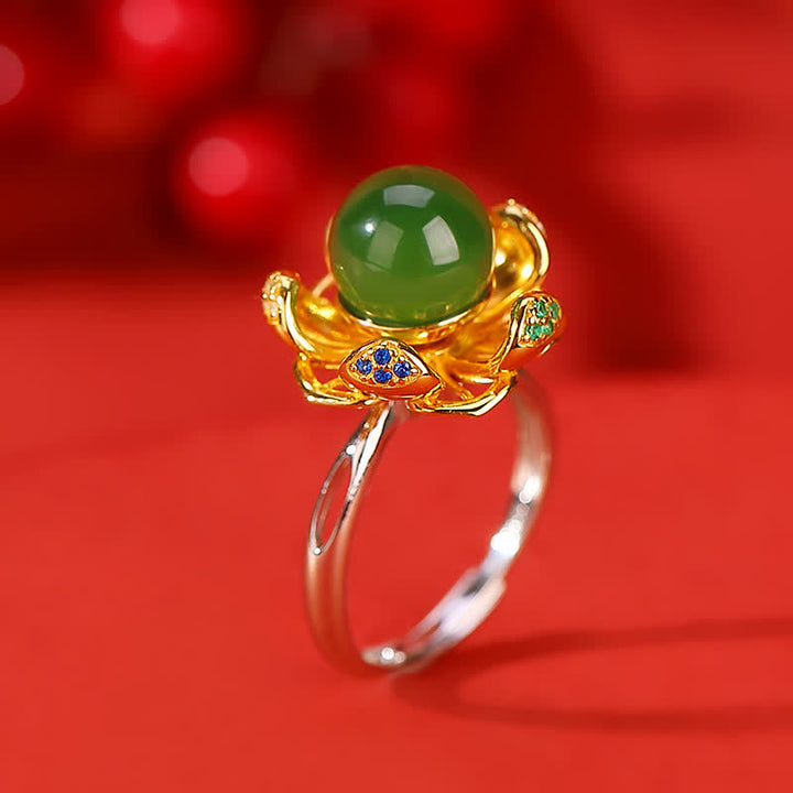 Buddha Stones 925 Sterling Silver White Jade Cyan Jade Lotus Flower Success Ring - Cyan Jade(Success♥Healing) - image 9