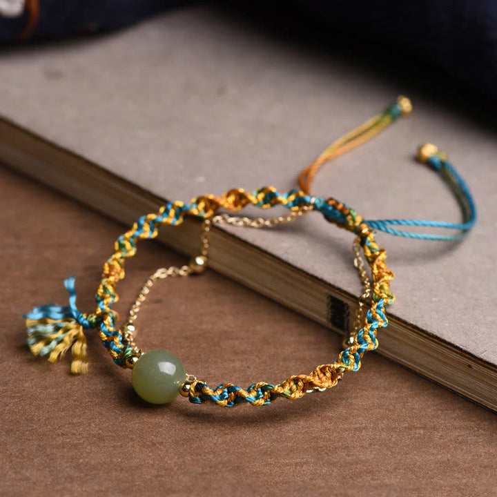Buddha Stones Handmade Colorful Rope Luck Jade Bead Abundance Double Layer Bracelet - image 4