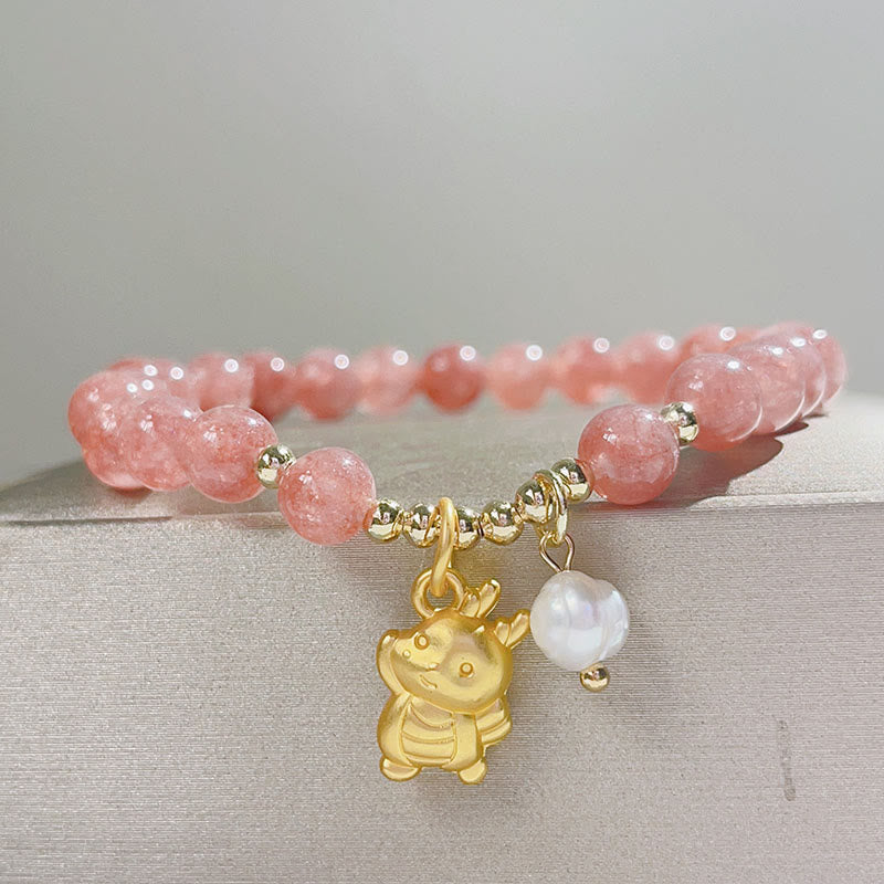 Buddha Stones Year of the Dragon Strawberry Quartz Dragon Pearl Charm Protection Bracelet - image 2