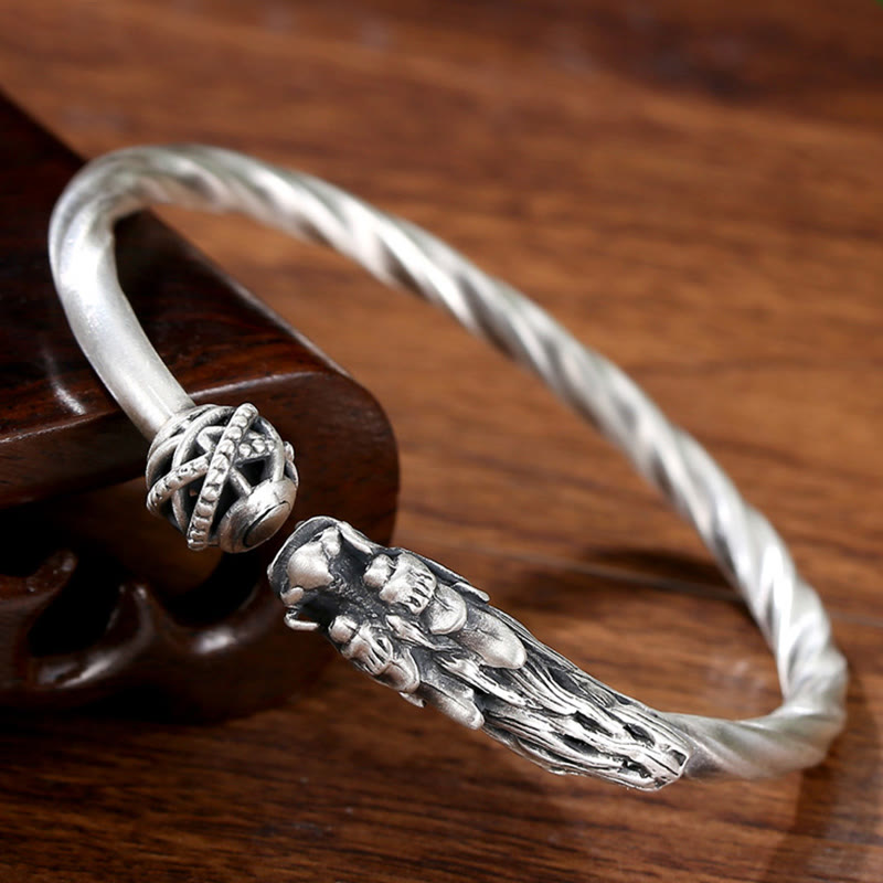 Buddha Stones 999 Sterling Silver Year of the Dragon Luck Strength Metal Cuff Bracelet Bangle - image 1