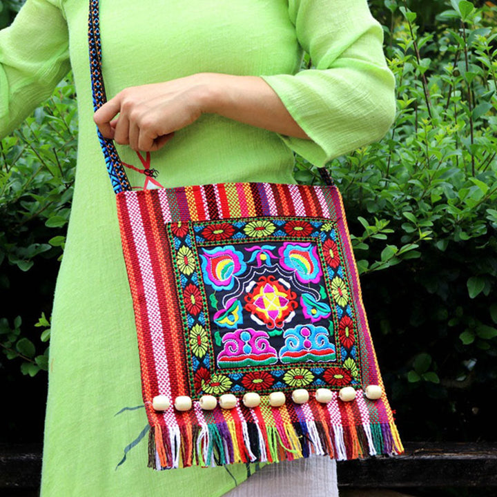 Buddha Stones Tibetan Handmade Embroidered Camellia Canvas Shoulder Bag Crossbody Bag - image 15