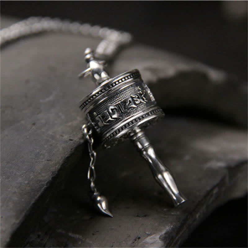 Buddha Stones 925 Sterling Silver Om Mani Padme Hum Prayer Wheel Purity Rotatable Necklace Pendant - image 1