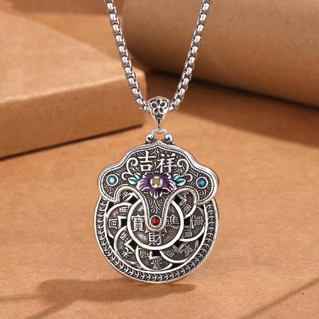 Buddha Stones Peony Flower Copper Coins Wealth Necklace Pendant - Peony Flower Copper Coin Necklace - image 0