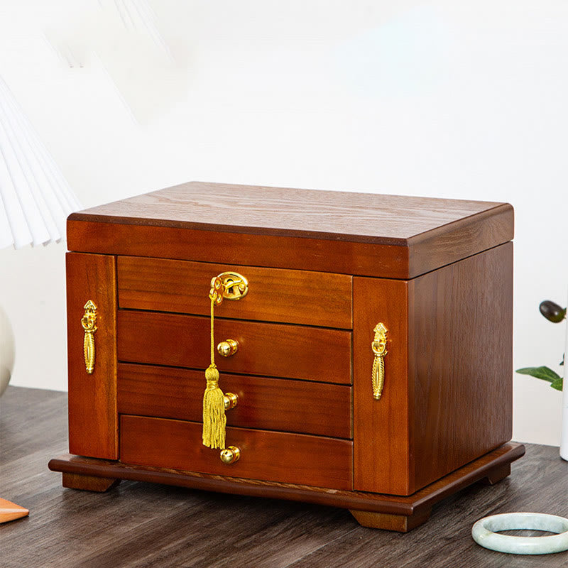 Buddha Stones Vintage Large Capacity Wooden Jewelry Box Jewelry Storage Box With Mirror - image 3