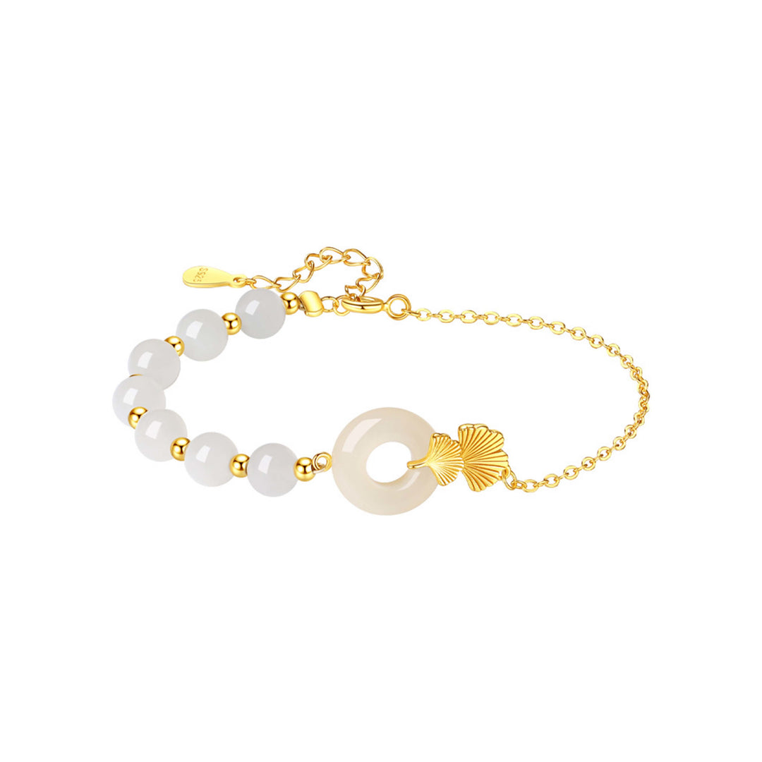Buddha Stones 925 Sterling Silver Hetian White Jade Peace Buckle Ginkgo Leaf Luck Bracelet - image 9