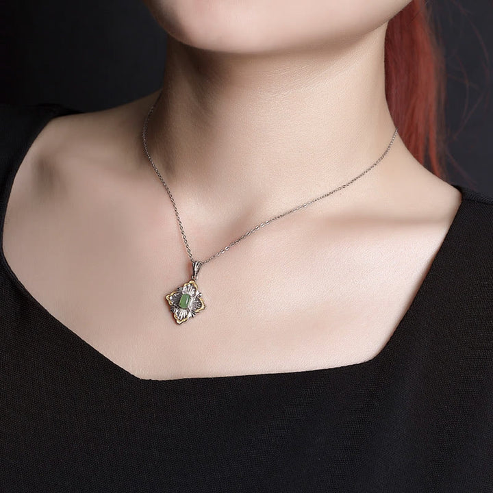 Buddha Stones 925 Sterling Silver Plated Gold Hetian Cyan Jade Rhombus Design Luck Healing Necklace Pendant - image 4