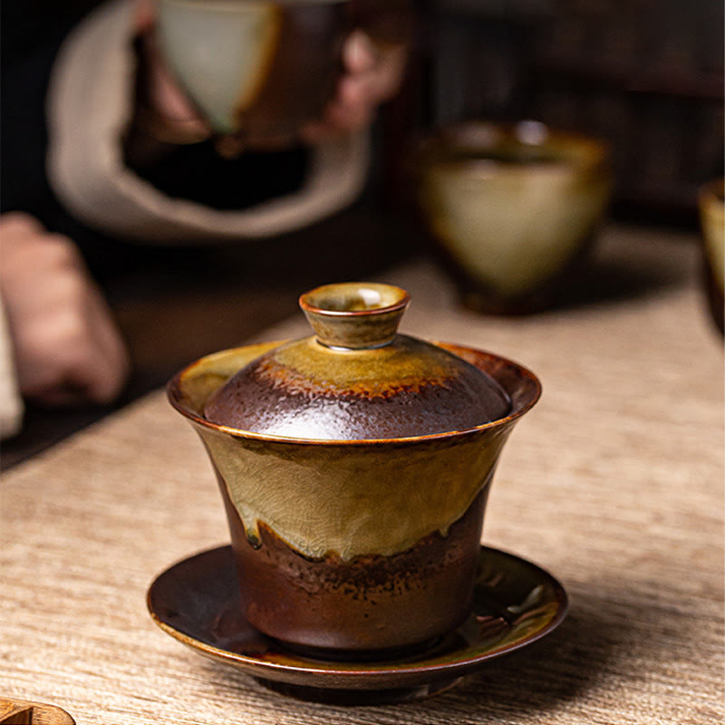Buddha Stones Vintage Brown Kiln Change Design Porcelain Ceramic Gaiwan Sancai Teacup Kung Fu Tea Cup And Saucer With Lid - image 1
