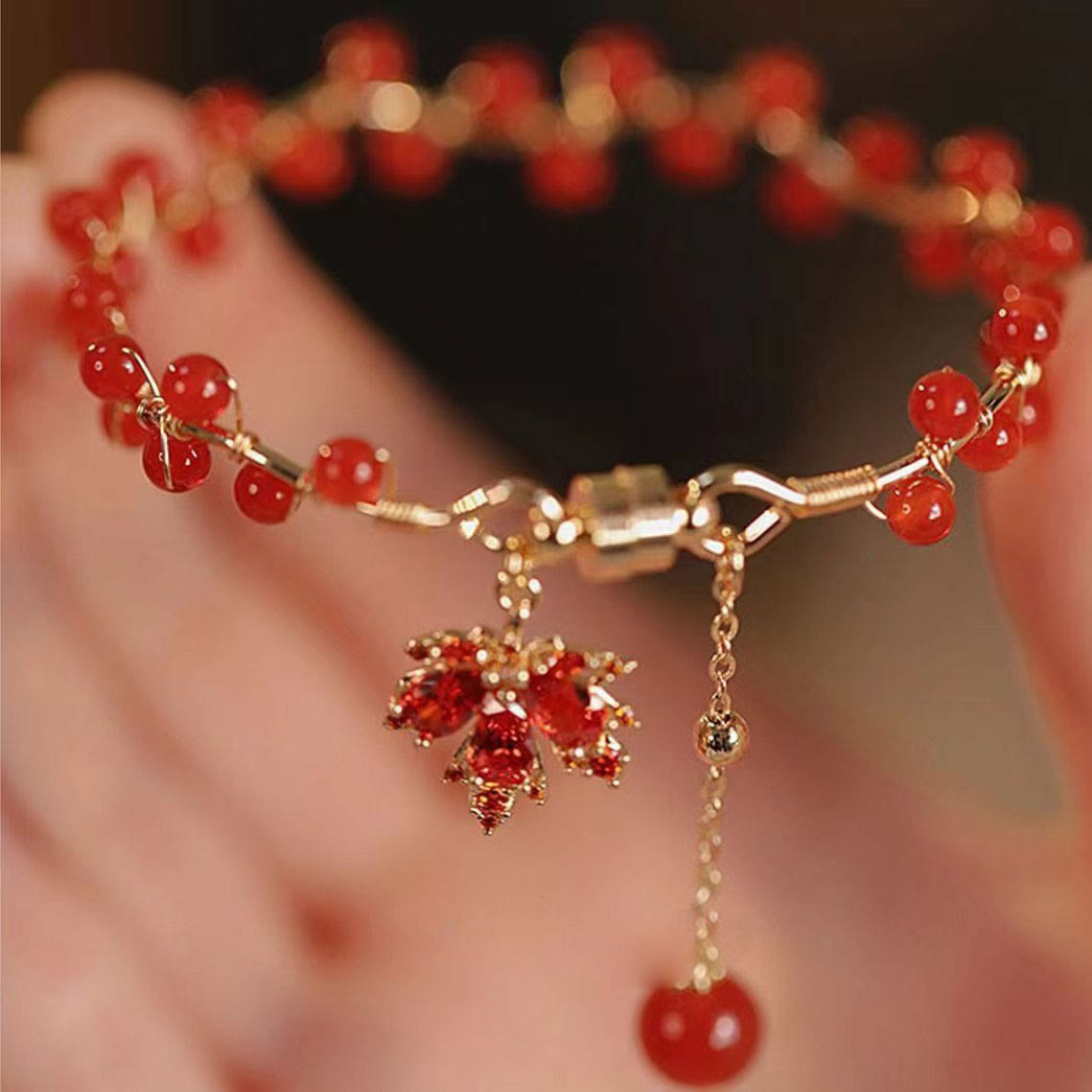Buddha Stones Red Maple Leaf Luck Charm Bracelet - image 1