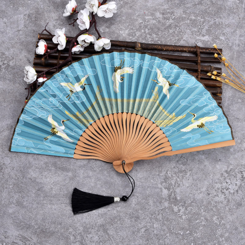 Buddha Stones Vintage Cloud Crane Pattern Handheld Bamboo Folding Fan - Sky Blue - image 5