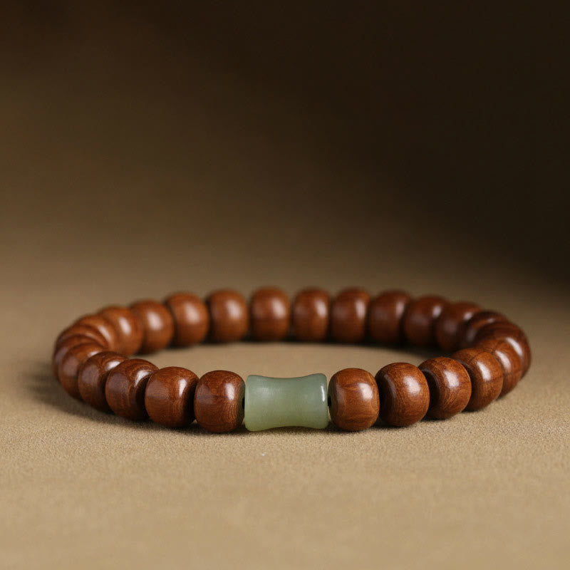 Buddha Stones Natural Abelia Biflora Wood Hetian Jade Bamboo Bead Warding Off Evil Spirits Bracelet - 6*8mm Abelia Biflora Wood&Hetian Jade Bamboo Bead - 18cm - image 0