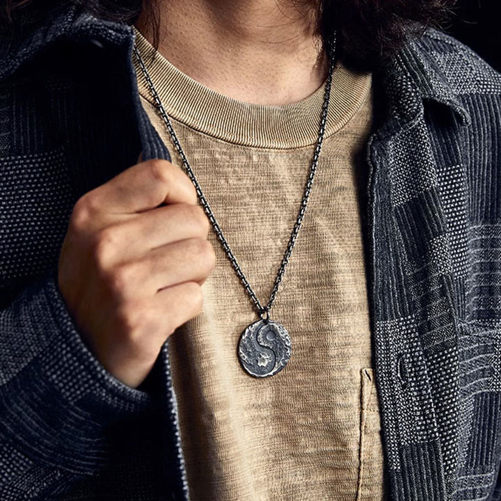 Buddha Stones 990 Sterling Silver Yin Yang Hammer Texture Harmony Necklace Pendant - image 5