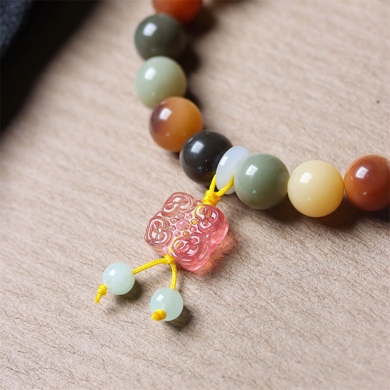 Buddha Stones Natural Multicolored Gradient Bodhi Seed Liuli Glass Charm Peace Bracelet - image 5