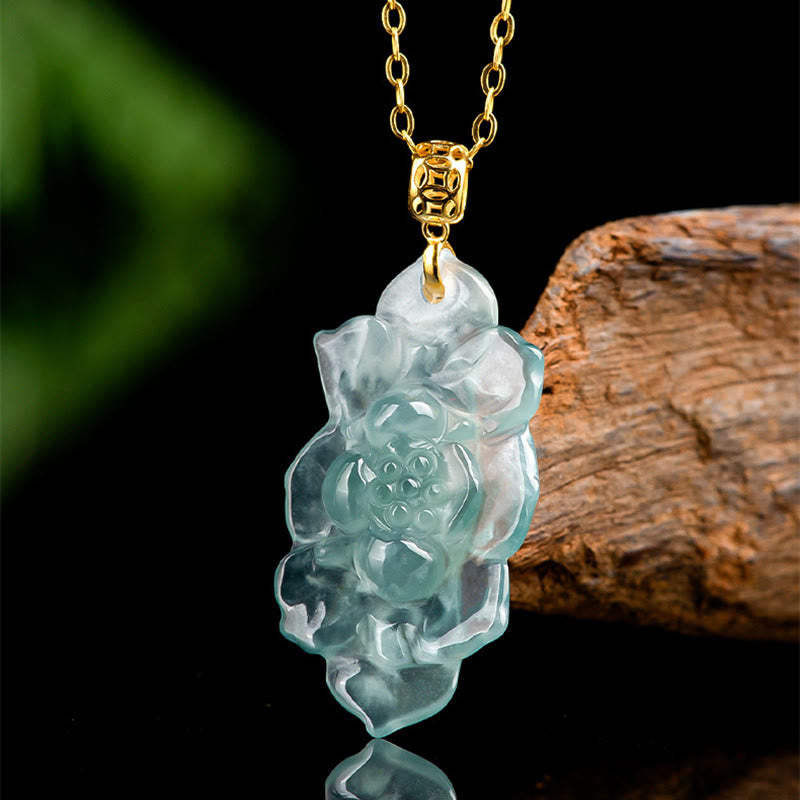 Buddha Stones 18K Gold Natural Jade Lotus Pattern Prosperity Necklace Pendant - image 1