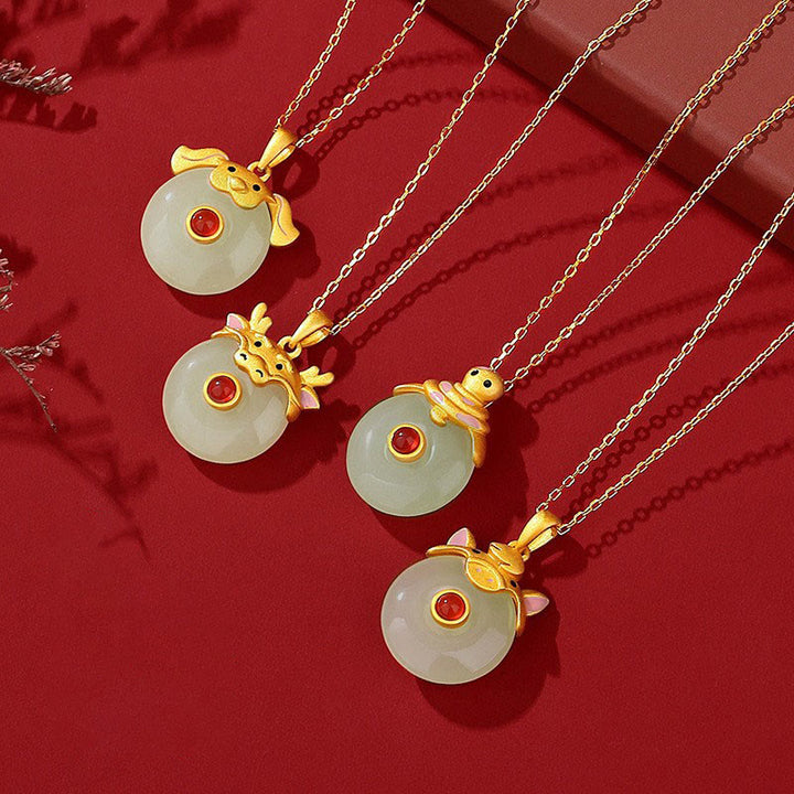 Buddha Stones 925 Sterling Silver Hetian Jade Chinese Zodiac Year of the Dragon Red Agate Luck Protection Necklace Pendant - image 1