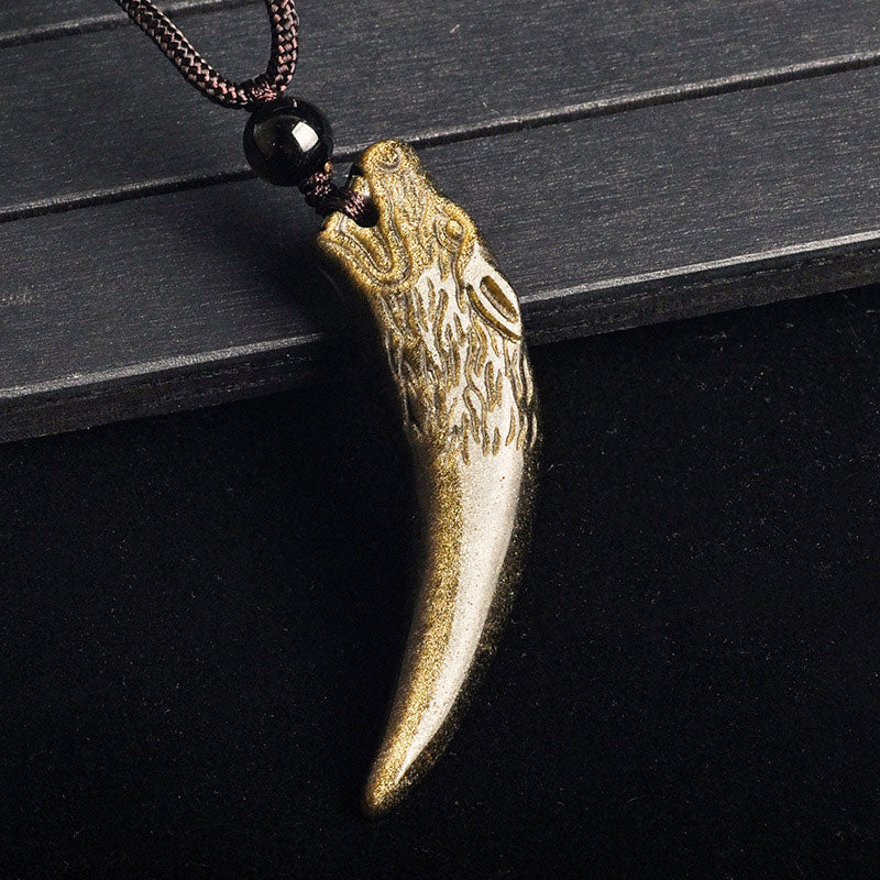 Buddha Stones Natural Black Obsidian Ice Obsidian Rainbow Obsidian Wolf Tooth Pattern Strength Necklace Pendant - Gold Sheen Obsidian - image 20