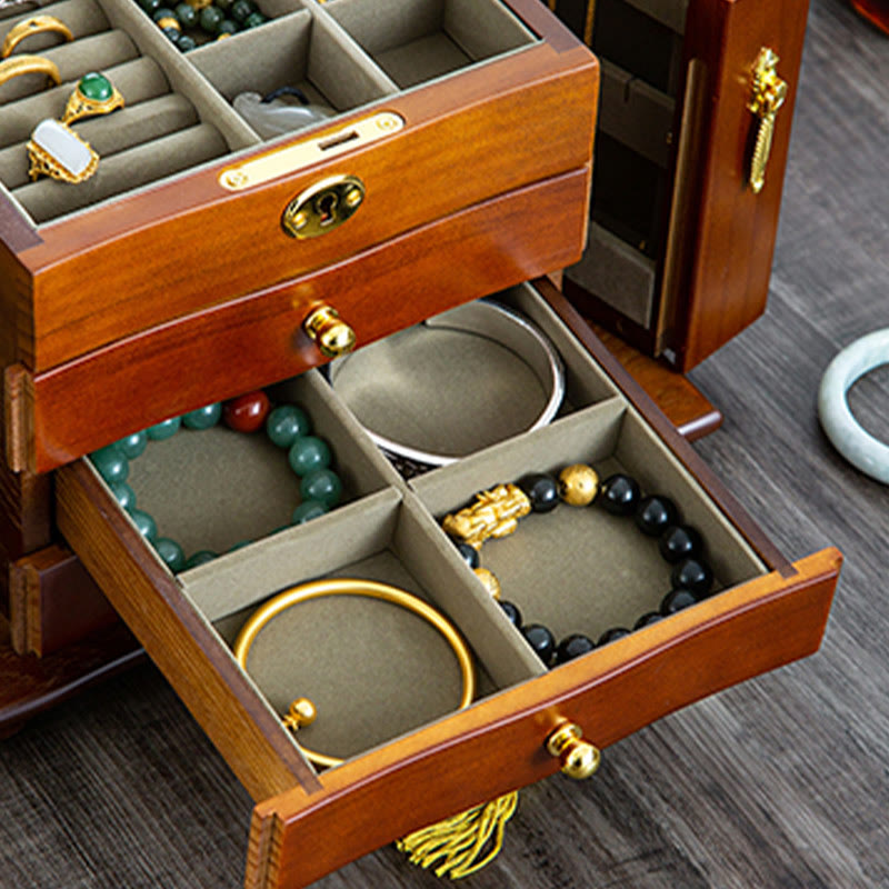 Buddha Stones Vintage Large Capacity Wooden Jewelry Box Jewelry Storage Box With Mirror - image 7
