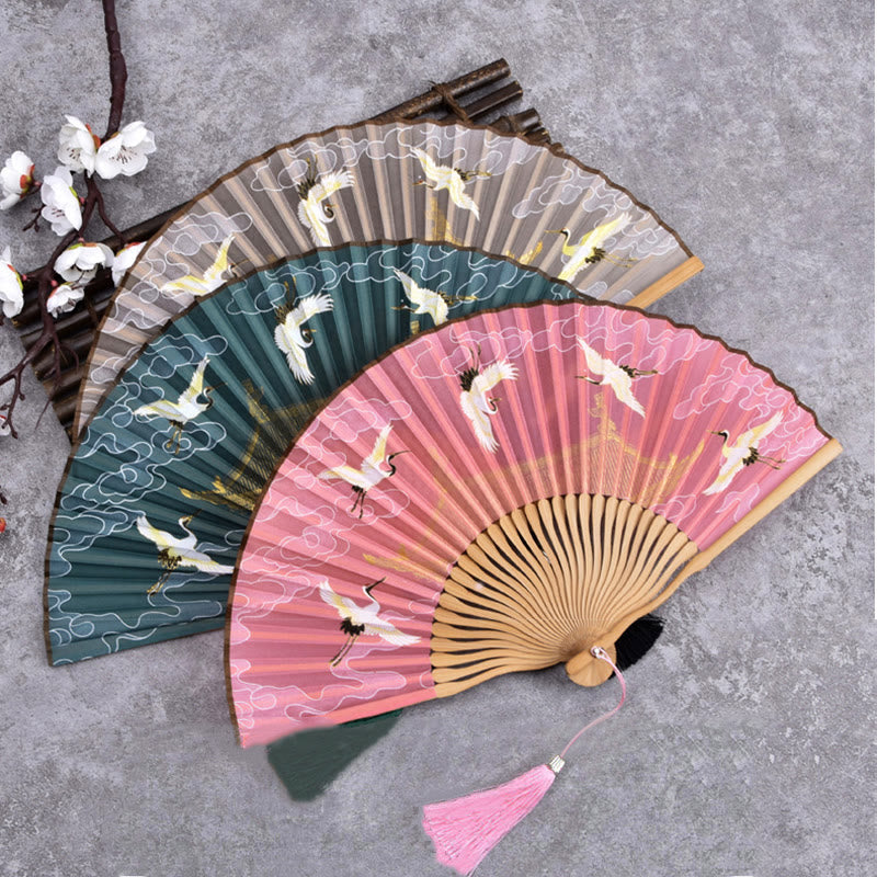 Buddha Stones Vintage Cloud Crane Pattern Handheld Bamboo Folding Fan - image 1