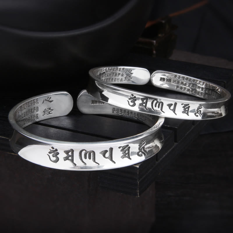 Buddha Stones 999 Sterling Silver Om Mani Padme Hum Heart Sutra Love Peace Bracelet Bangle - image 0