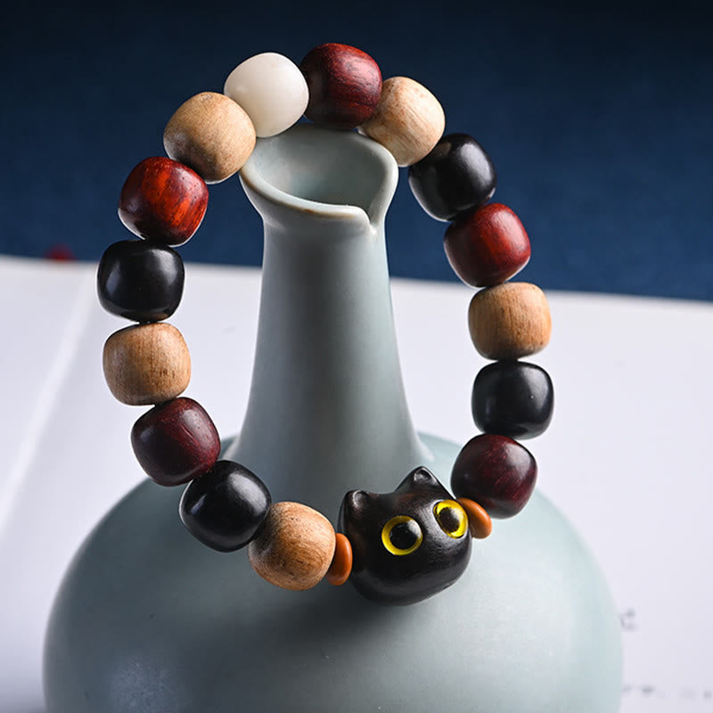 Buddha Stones Small Leaf Red Sandalwood Ebony Wood Cute Cat Engraved Protection Bracelet - image 2