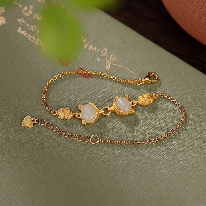 Buddha Stones 925 Sterling Silver Natural Hetian White Jade Cyan Jade Lovely Fox Luck Bracelet - image 8