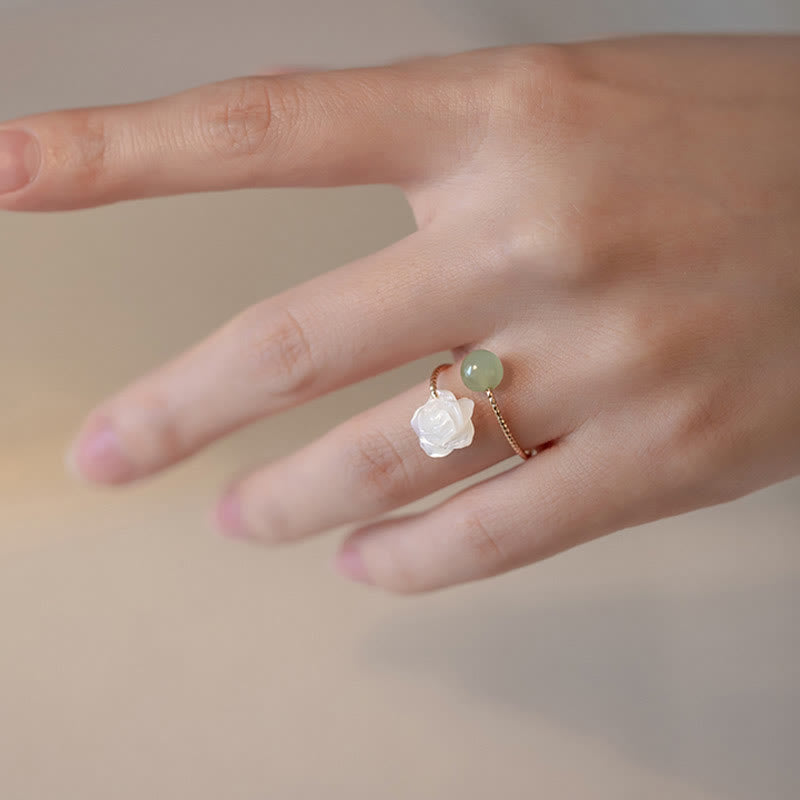 Buddha Stones 14K Gold Plated Tridacna Stone Rose Flower Jade Bead Blessing Ring - image 5