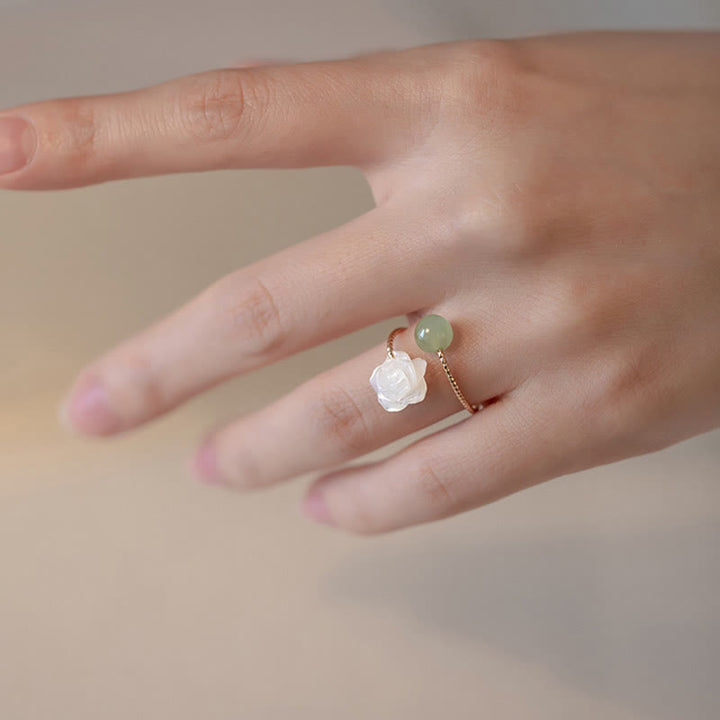 Buddha Stones 14K Gold Plated Tridacna Stone Rose Flower Jade Bead Blessing Ring - image 5