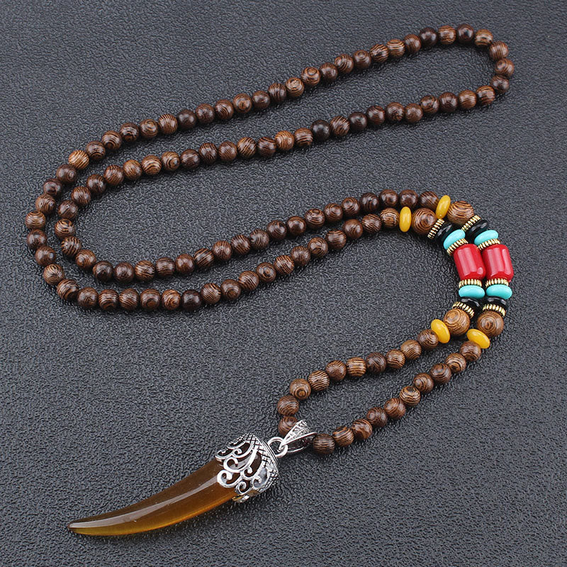 Wenge Wood Turquoise Stone Horn Style Protection Meditation Necklace Pendant - Brown - image 5