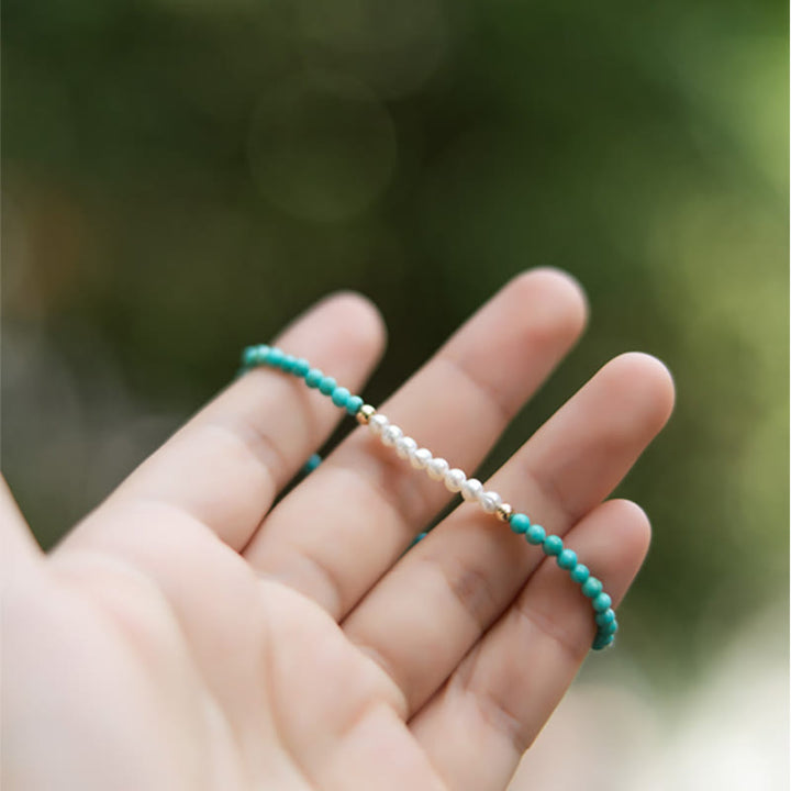 Buddha Stones 925 Sterling Silver Natural Turquoise Pearl Beaded Bracelet - image 14
