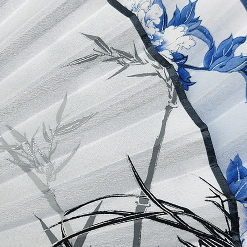 Buddha Stones Vintage Bamboo Peony Butterfly Lotus Handheld Silk Folding Fan With Bamboo Frames - image 3