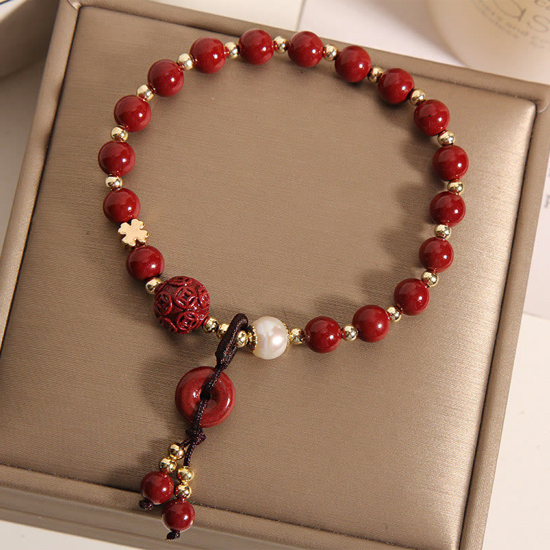 Buddha Stones Natural Cinnabar Peace Buckle Copper Coin Charm Blessing Bracelet - image 1