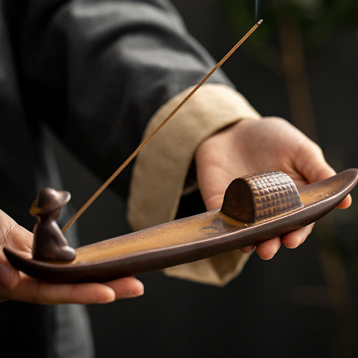 Buddha Stones A Lonely Fisherman Afloat Ceramic Healing Incense Burner - image 9