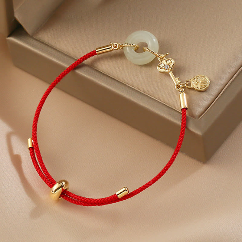 Buddha Stones 18K Gold Plated Hetian Jade Peace Buckle Fu Character Luck Red Rope Bracelet - image 3