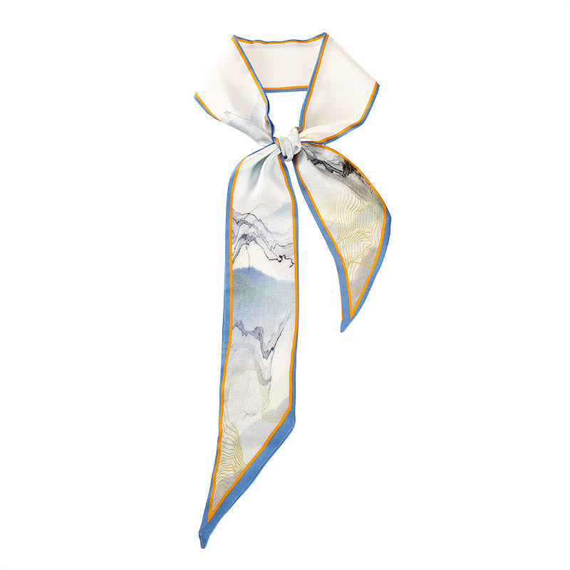 Buddha Stones Dunhuang Frescoes Mountains Sunset Floral Pattern 100% Mulberry Twilly Silk Neck Hair Scarf - Jiangnan Ink Painting - image 16