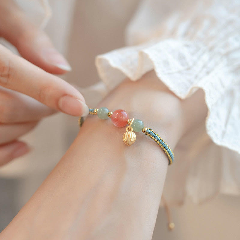 Buddha Stones Red Agate Jade Lotus Confidence Calm String Bracelet - image 1