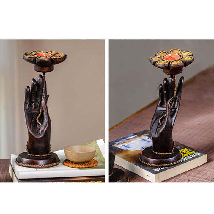 Buddha Stones Hand Pattern Wood Candlestick Home Candle Holder Decoration - image 19