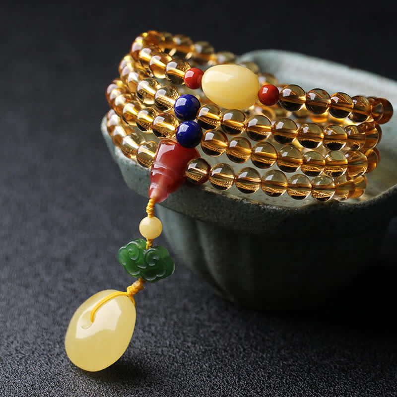 108 Mala Beads Natural Citrine Amber Peace Buckle Red Agate PiXiu Protection Charm Bracelet - image 10