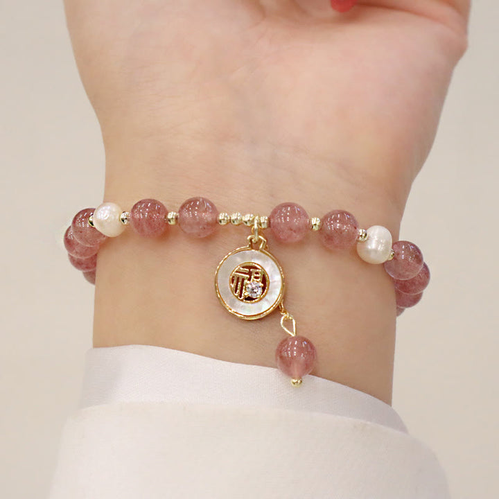 Buddha Stones Strawberry Quartz Pearl Elk Smiley Face Fishtail Fu Character Charm Healing Bracelet - image 10