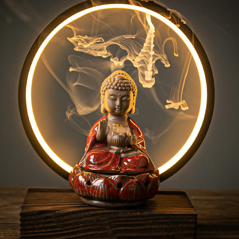 Buddha Stones Buddha Lotus Backflow Smoke Fountain Ceramic Blessing Incense Burner With Light Decoration - Red Buddha - image 0